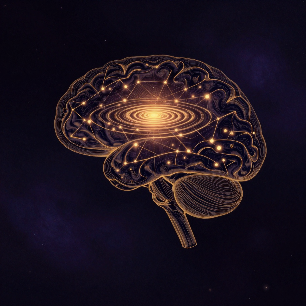 科学正念：一个准确的人类大脑轮廓侧影悬于空处，额叶区域微微凸起，脑内空间充盈着层层扩散的透明波纹，如同平静湖面的涟漪由中心向外渐次