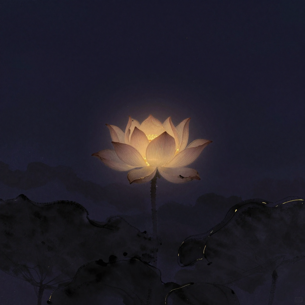 执着生死：一朵处于半凋零状态的莲花立于空旷中，花瓣边缘枯萎卷曲但结构清晰，花心深处存有一处微光，四周归于大片留白