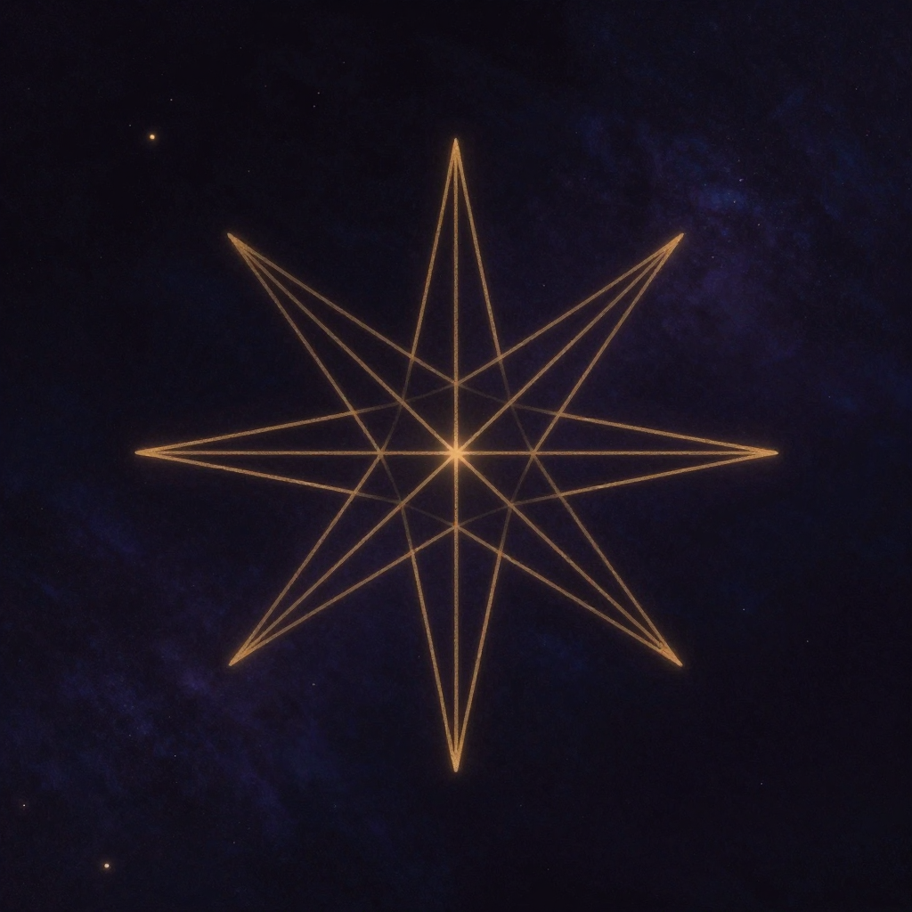 罗伯特·阿德：一个精确的七角星线条结构立于近处空旷处，中心是一个小而明确的点，七条清晰的棱线分别指向七个不同方向的顶点，线条干净利落