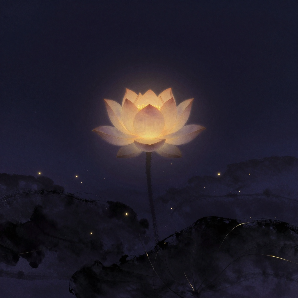 资源整合：一朵层次分明的莲花从浑暗的泥水中垂直升起，花瓣舒展成完美的圆融形态，花心微微泛着一处暖意，四周水域归于空阔