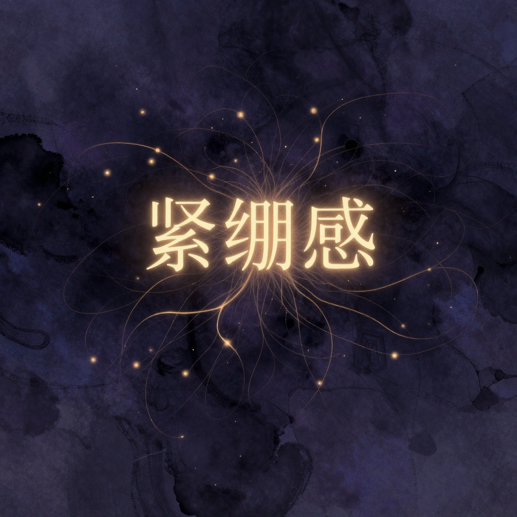命名练习：空阔中一团混沌墨色正逐渐凝聚成清晰发光的词汇『紧绷感』，墨迹从边缘向中心结晶为笔画，四周散落着极细的神经突触状丝线，字形