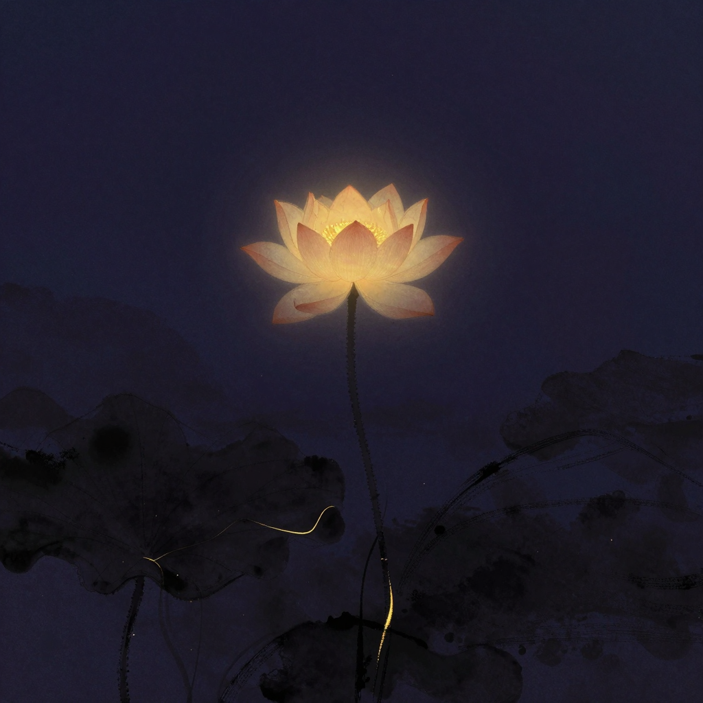 解脱智：一朵舒展的莲花从浑浊淤泥中笔直升起，花茎挺立不染，花瓣自然开合于大片空处，花心处透出一处暖意