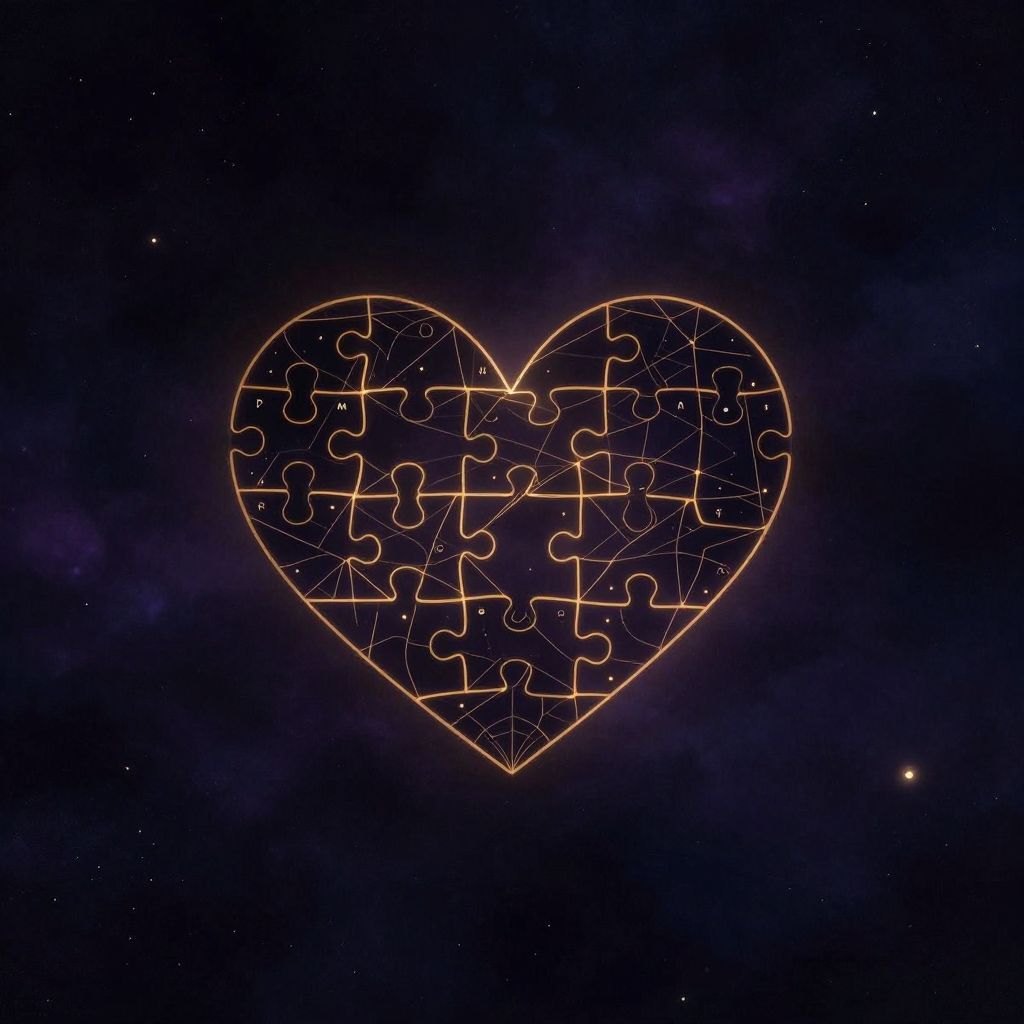 幸福五元素：五片独立拼图在空中严丝合缝地拼合成完整心形，每片内侧刻有细微的PERMA字母，拼合处透出极细的连接光纹，四周归于大片空旷
