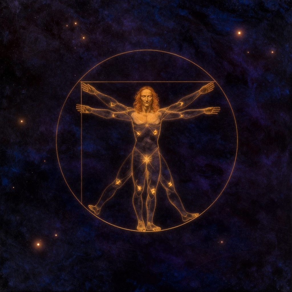 文艺复兴人文主义：达芬奇的维特鲁威人素描悬浮于大片空处，圆形与方形叠加的构图清晰可辨，四肢伸展的人体比例精准，几何线条与人体轮廓形成和谐结