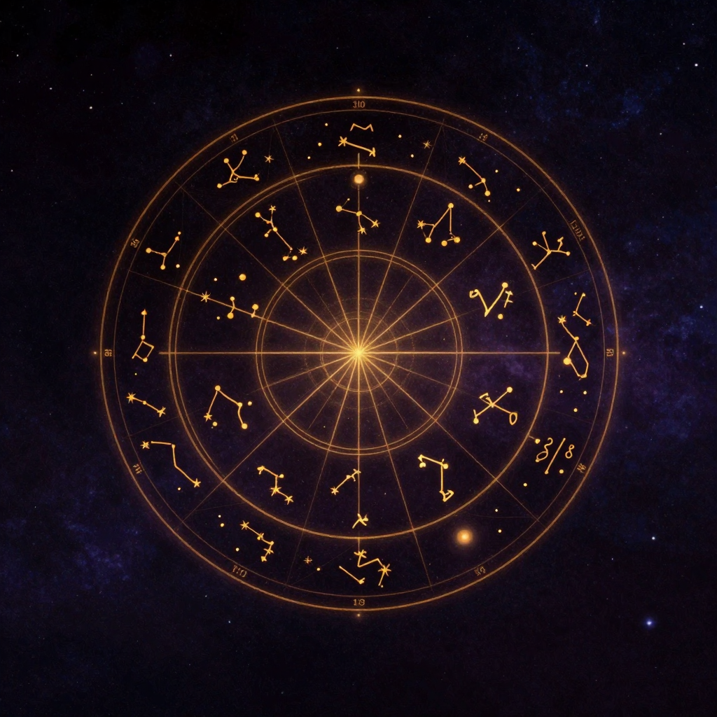 星盘：一张古旧羊皮纸上绘制着完整的黄道十二宫星图，十二个不等分扇形宫位用细线划分，各星座符号与行星标记精确排列，整体悬浮于空旷