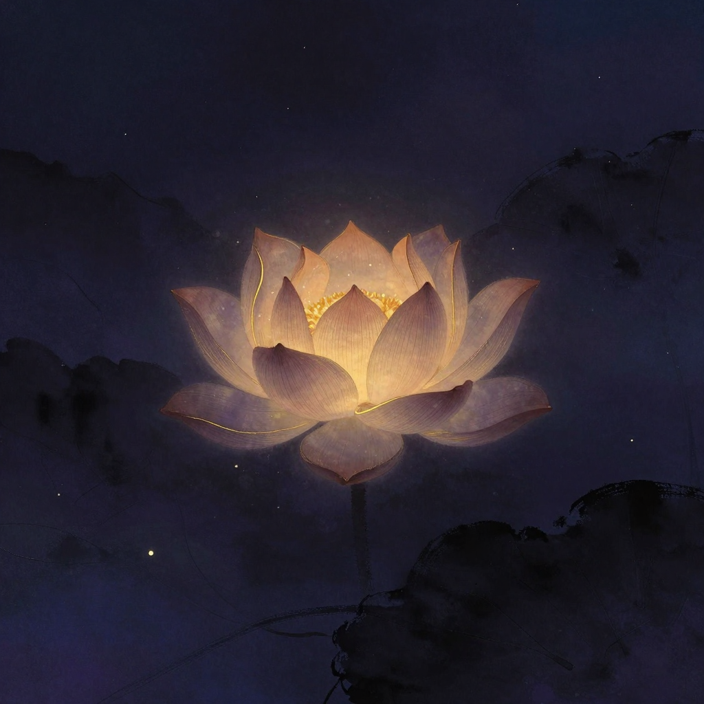 回缩：一朵莲花悬浮于空处，外层花瓣正缓缓向中心收拢，花心仍保持微妙内收的弧线，整体呈现从绽放到闭合的中间态，花瓣纹理清晰可辨