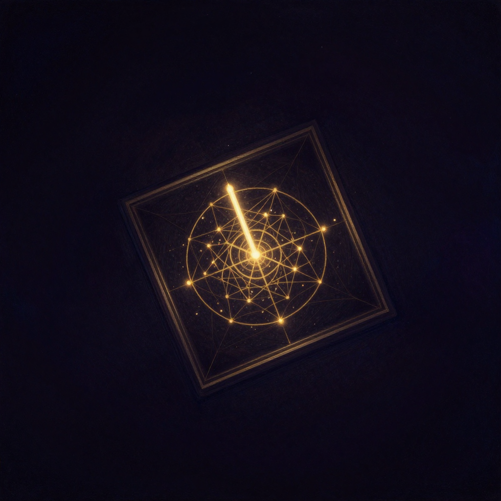 维特金：一个倾斜的方形暗框悬于空处，框内有一根可旋转的发光细棒，棒与框形成微妙角度差，棒是画面唯一的微光来源，四周归于大片留白
