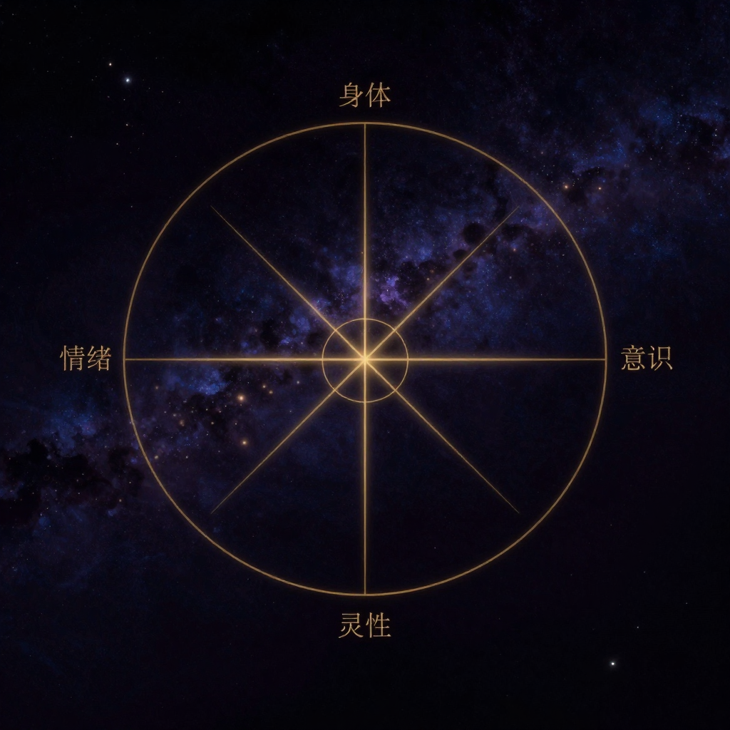 分类诊断：一张深色底图中央呈现标准的四象限坐标，十字分隔线清晰划分出四个区域，每个象限分别标注'身体'、'情绪'、'意识'、'灵性