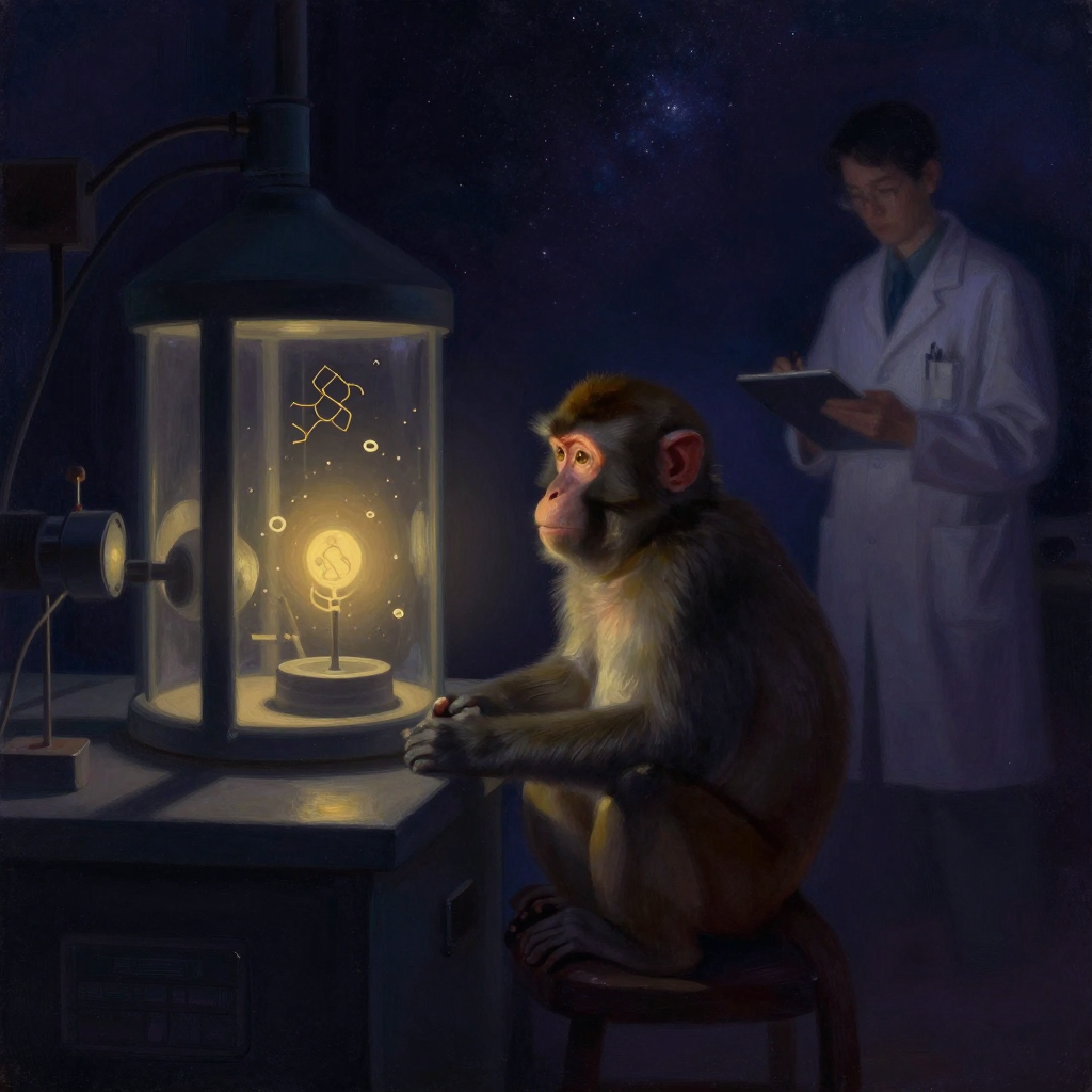 奖赏预测：一只猕猴坐在实验装置前，头部微侧似在等待，眼前突然出现意外奖赏的瞬间，科学家在背景处观察记录，四周仪器隐入暗处，意外奖赏