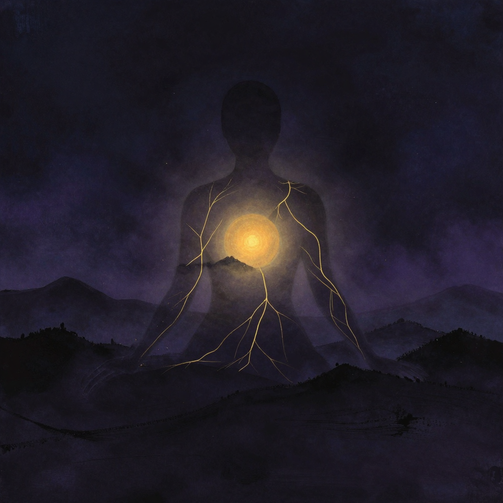 根身器界：一片朦胧镜像中，人体轮廓与山川大地相互渗透交融，山脉化作静脉般的纹路延伸入人体，肢体曲线又转为丘陵起伏，边界处自然晕染不