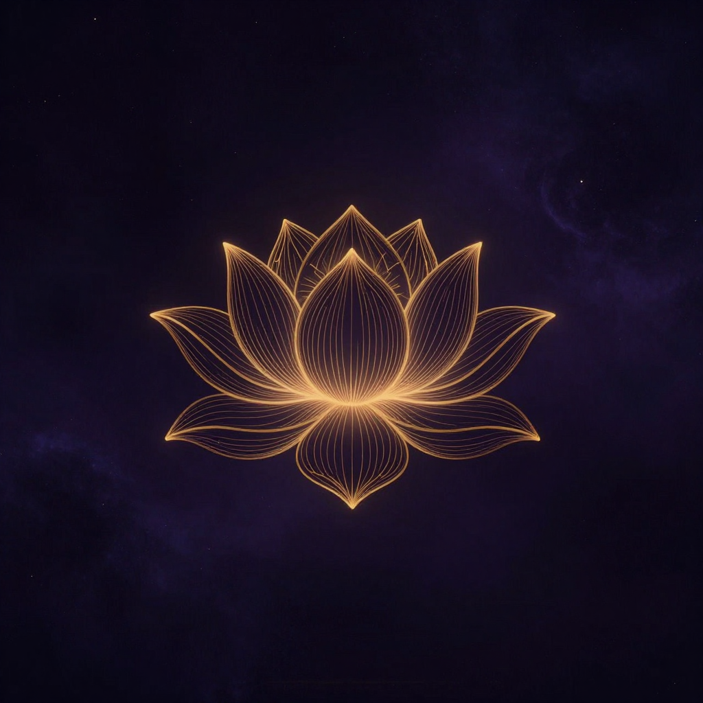 意识科学研究所：一朵传统八瓣莲花悬浮于空，花瓣由精确的α/θ脑电波纹自然延伸而成，波纹与莲瓣有机融合为一，四周归于大片空旷