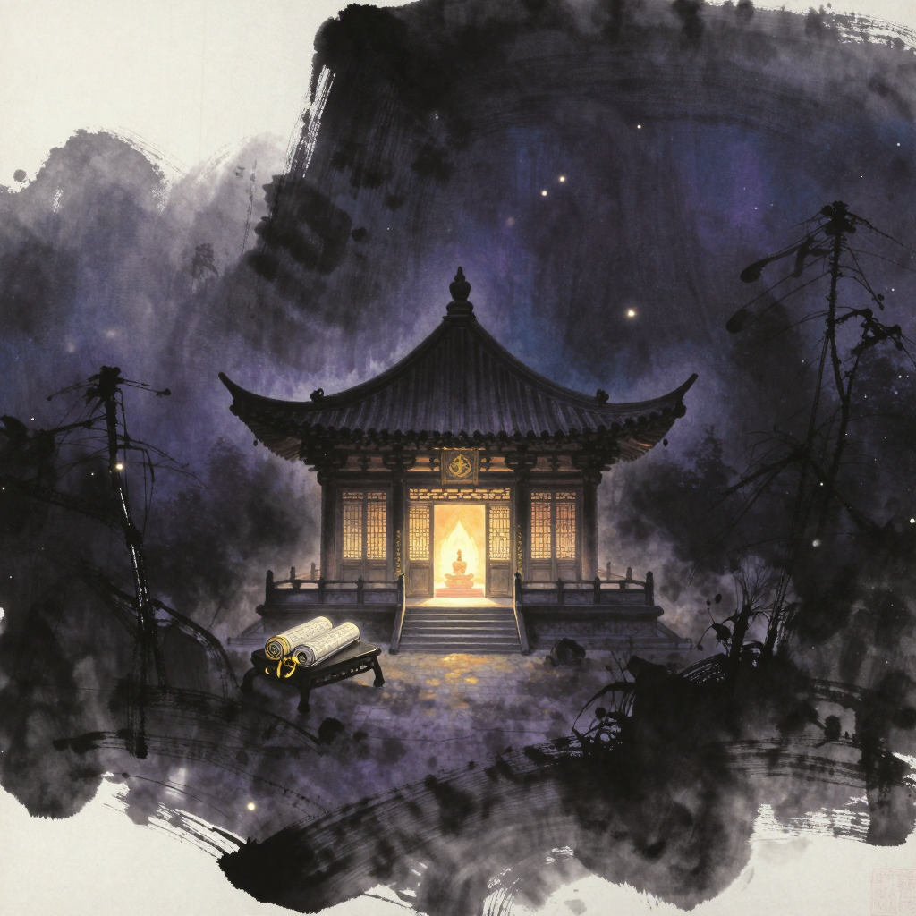 台密：一座庄严的宝珠顶佛堂立于山间，堂前石台上法华经卷与金刚杵并置，屋檐线条舒展飞入大片空处，堂内深处透出一处暖意