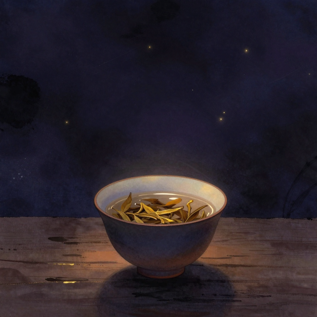 正念劳动：一只素陶茶碗静置木台，数片茶叶在澄水中舒展卷曲，水面浮动着细腻的光影涟漪，余处归于大片空无
