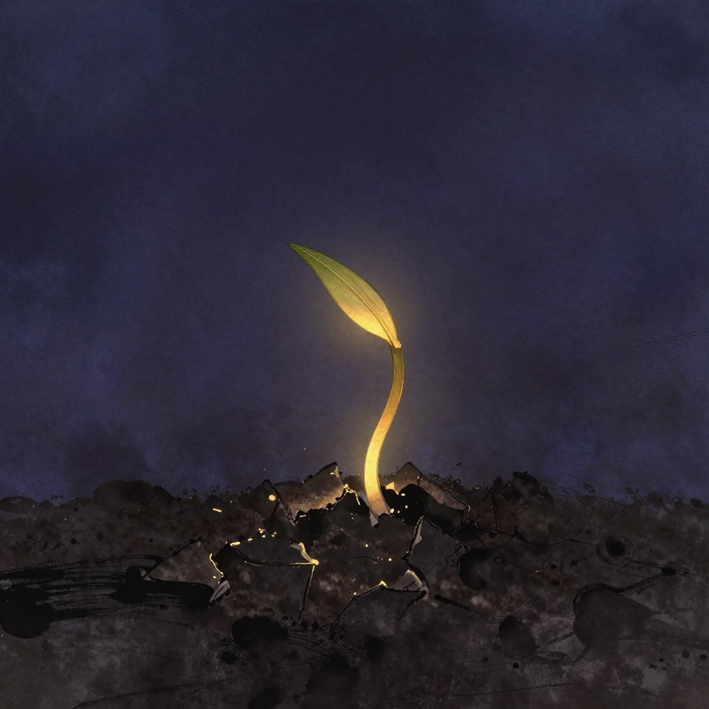 实现倾向：一株嫩芽正弯曲着突破上方压着的碎土块，芽茎蕴含柔韧的张力，芽尖轻触土块边缘即将完全舒展，大片暗色土壤铺展于下方，芽尖处透