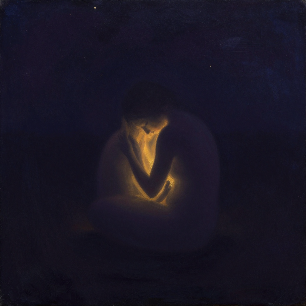 退行防御：一个成年体型的背影蜷曲成胎儿姿势居于画面中央，四肢向内收拢如子宫中的婴孩，面部半隐于臂弯间，周围大片留白