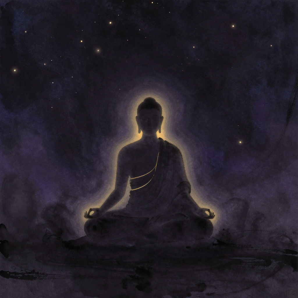 感官暂停：一个闭目盘坐的人影居于画面中央，双手结禅定印，身形稳定如钟，四周归于大片空处，人物轮廓边缘透出一圈极细微的光晕