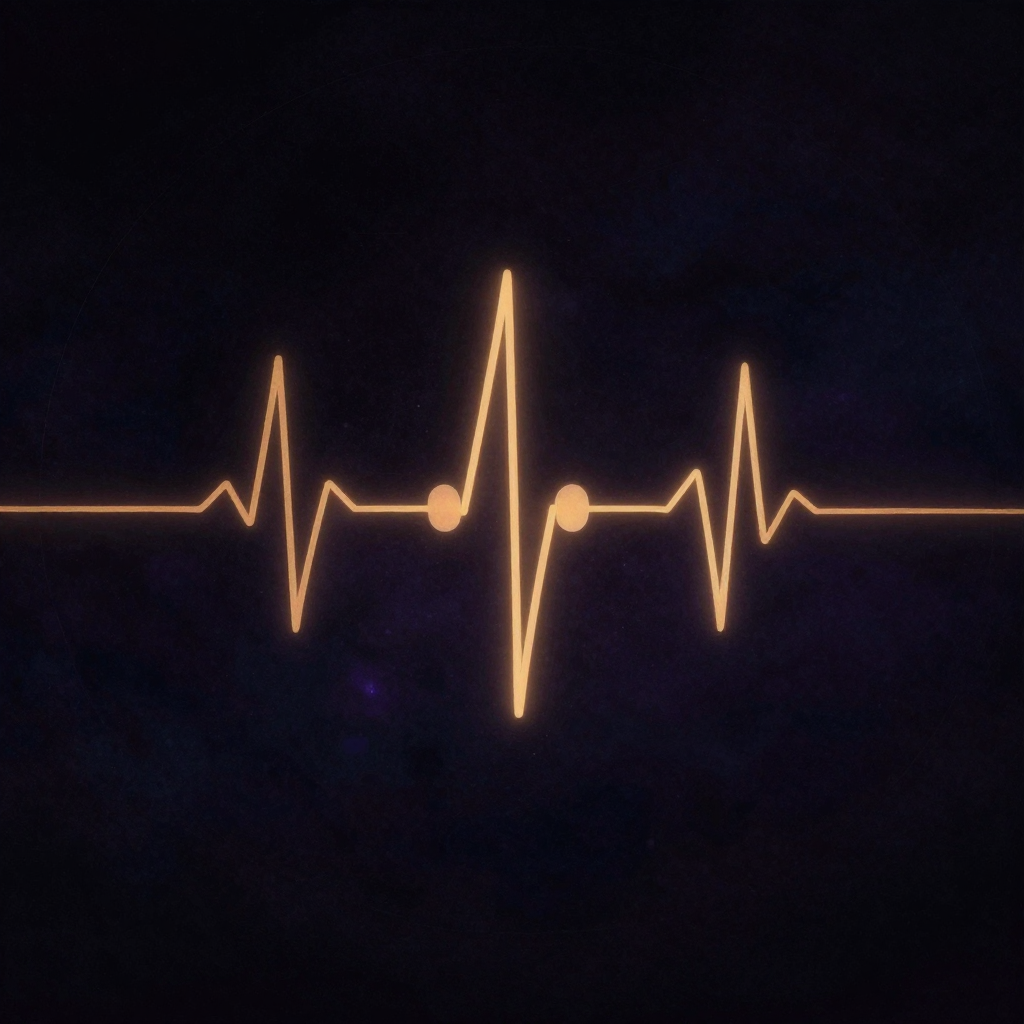 HeartMath：一条呈现完美正弦波形态的心率变异性曲线悬浮于近黑背景中，曲线中段附着两枚微型电极贴片，波形底部渐隐为呼吸般起伏的细线