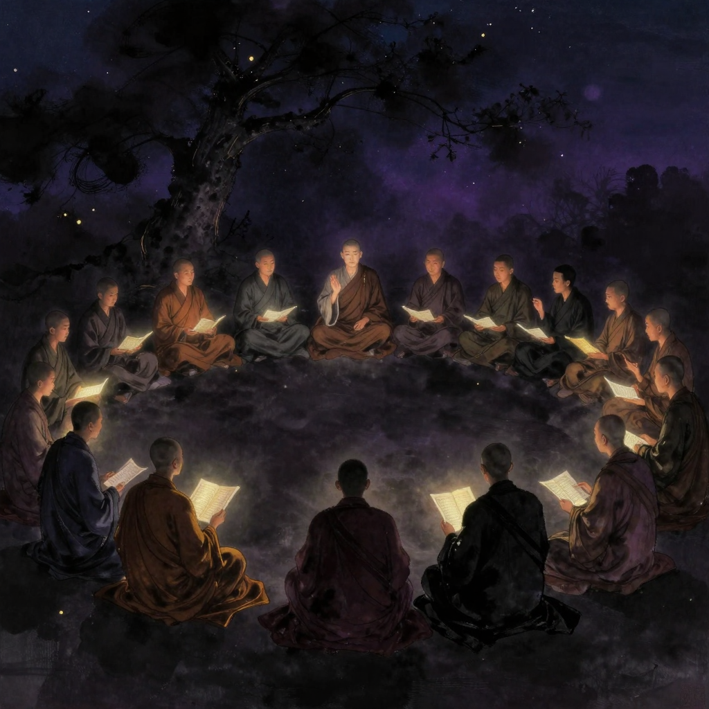 部派佛教：十八位僧侣围成弧形进行辩论，各人手势各异，有的手持经卷，有的正在讲解，彼此间保持谦逊距离，身后隐约可见一棵菩提树的轮廓，