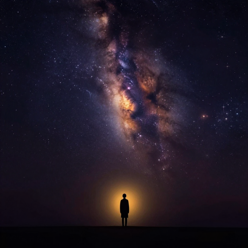 敬畏感：一个微小的人形剪影立于画面下端，以静止仰首的姿态凝视上空，上方延展出浩瀚银河的局部，星辰疏落有致，人形与星空之间隔着大片