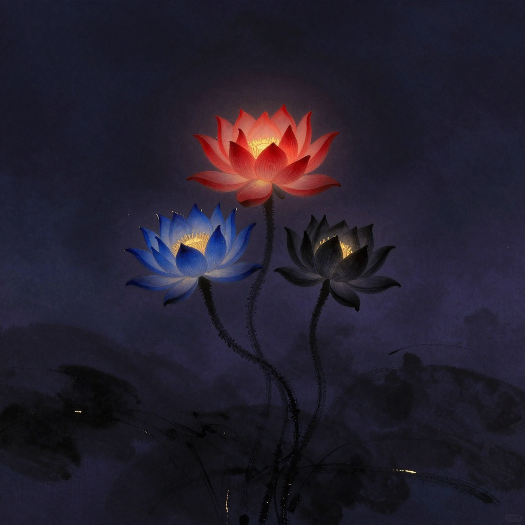 贪嗔痴：红蓝黑三朵莲花从同一茎干扭曲生出，红莲花瓣过度卷曲似抓取状，蓝莲带锐刺，黑莲呈半枯萎态，茎干下部隐没在黑暗中，花心各有一