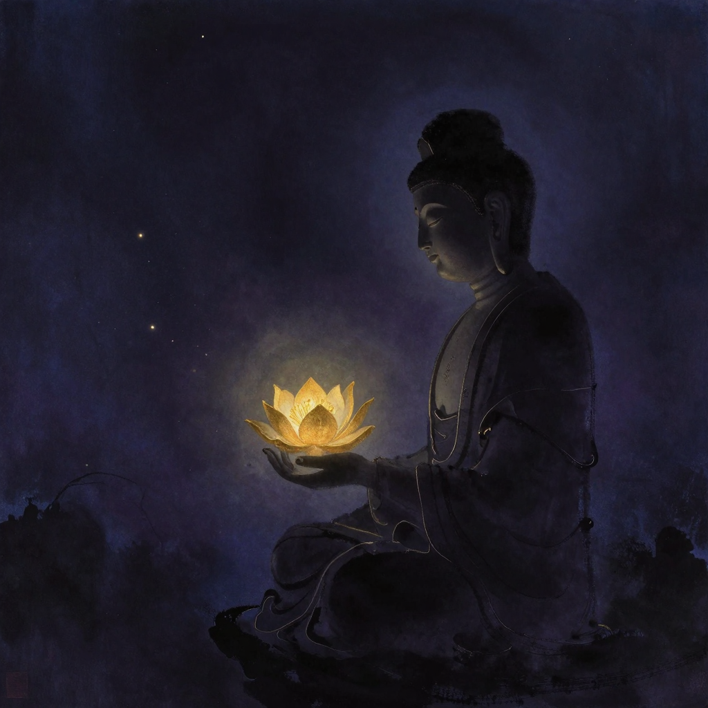 中论：龙树菩萨侧影结说法印，掌心上方悬浮一朵半开的金色优昙婆罗花，花蕊微露，四周归于大片空旷