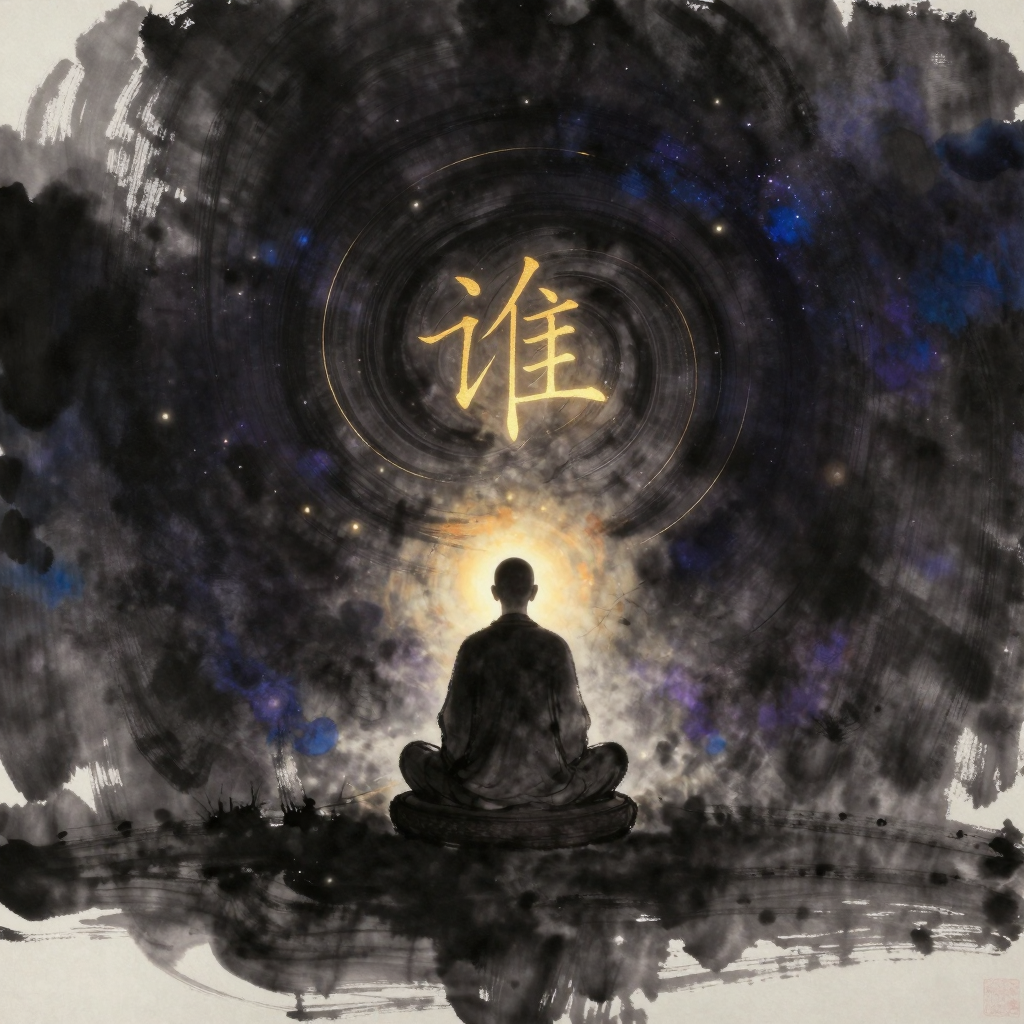 看话禅：一位禅僧背影独坐蒲团，身形凝定如石，其面前悬浮着一个水墨质感的漩涡状疑团，隐约可见未完成的『谁』字笔触藏于其中，四周大片