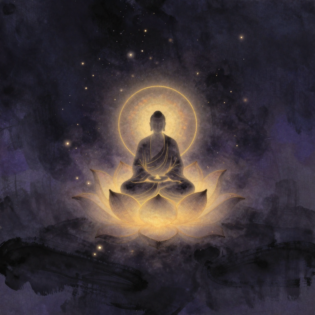 上师相应法：一朵盛开的莲花中央结跏趺坐着一位手结禅定印的修行者，头顶笼罩着清净圆形的智慧光环，莲瓣舒展饱满，四周归于空境