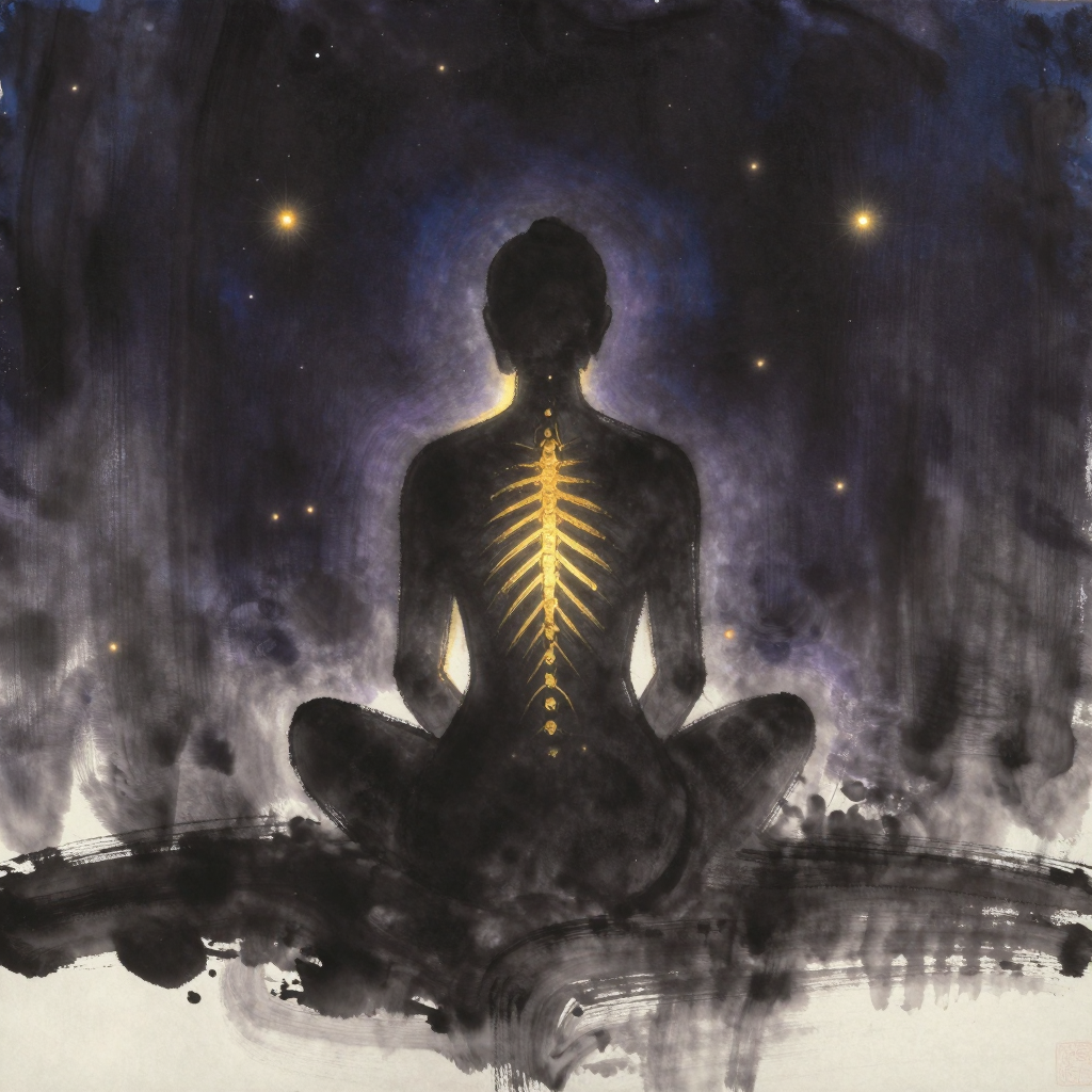 身心体验：一个背对观者的静坐人形微微前倾，脊椎自然弯曲，画面聚焦于背部随呼吸自然起伏的肋骨轮廓，四周归于空处，起伏处透着一线极细微