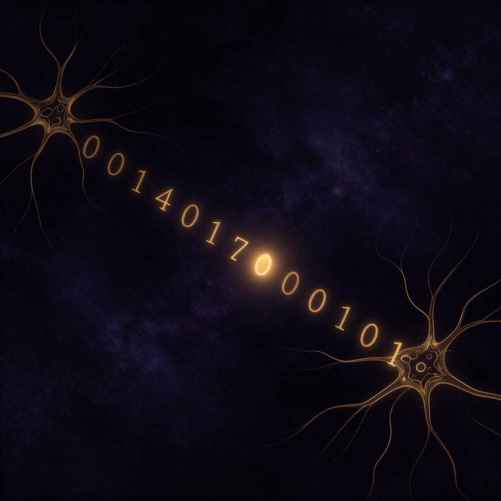 信息：一组由0与1构成的数字序列延展于空处，细看时数字逐渐过渡为神经元突触结构，序列中段几处数字微微亮起，与周围形成极细微的明