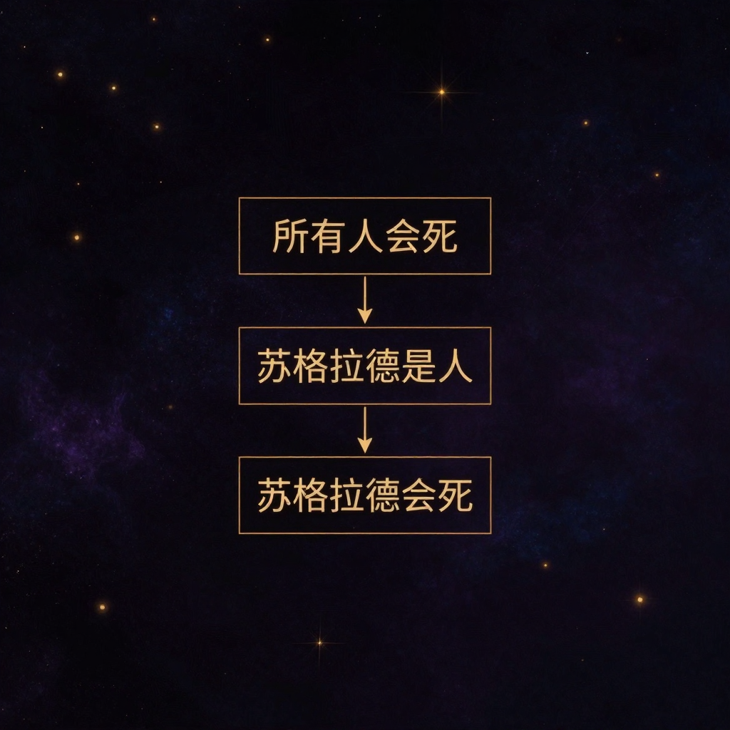 逻辑推理：三个方框按垂直层级排列于画面中央，上框书'所有人会死'，中框书'苏格拉底是人'，下框书'苏格拉底会死'，箭头自上而下贯穿