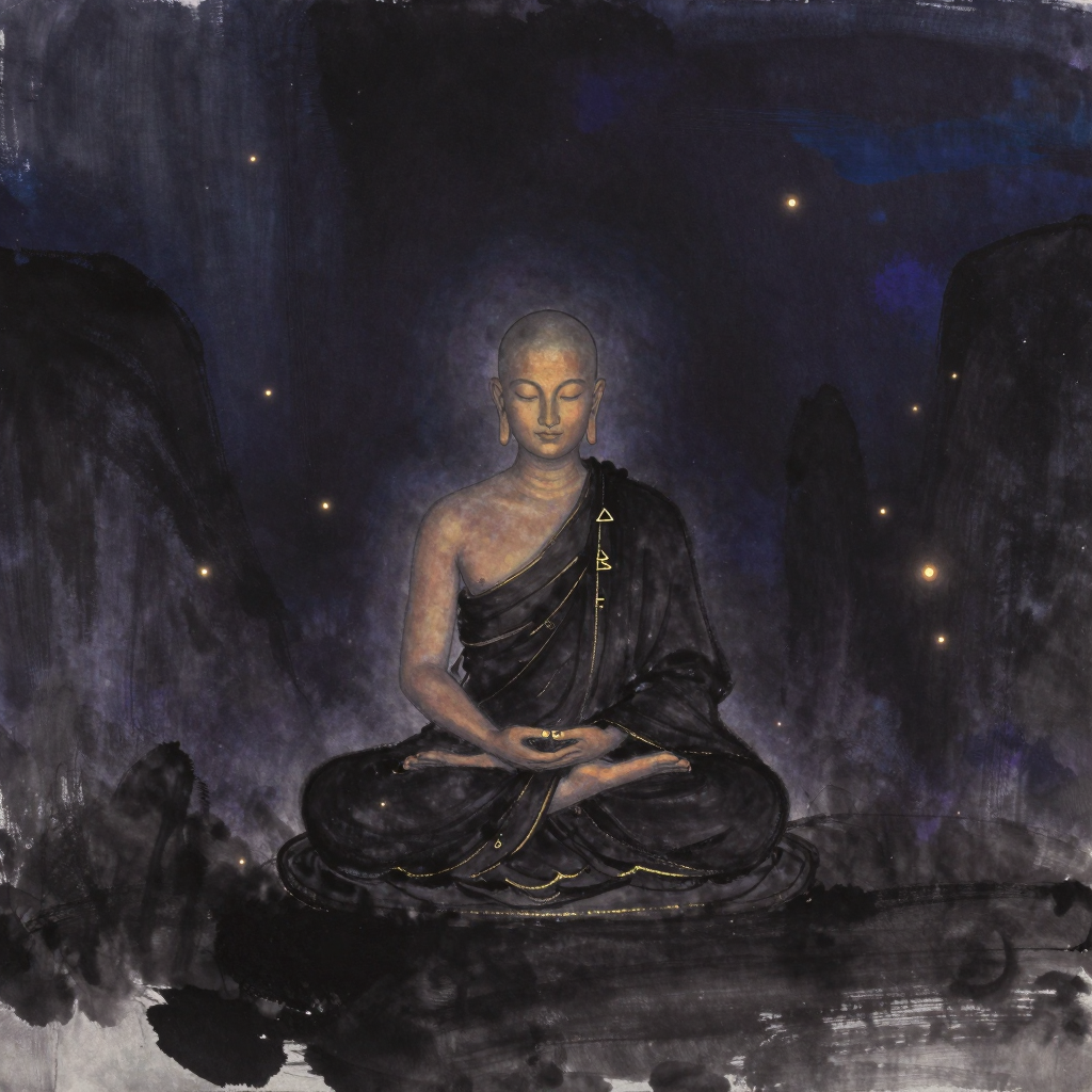 阿罗汉：一位剃发着僧衣的比丘结跏趺坐于蒲团上，双手结禅定印，面容平静如深水，身形凝定如山岳，置于大片空处