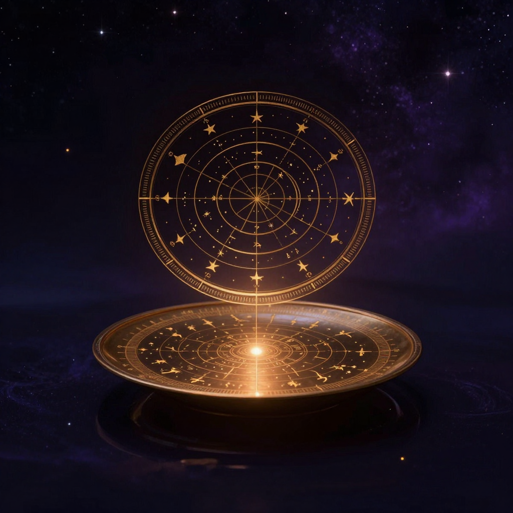 天人感应：一件双层青铜式盘悬浮于空处，上层天盘刻北斗七星纹，下层地盘环列二十八宿刻度，两层结构精确咬合，盘心透出一处极细的微光
