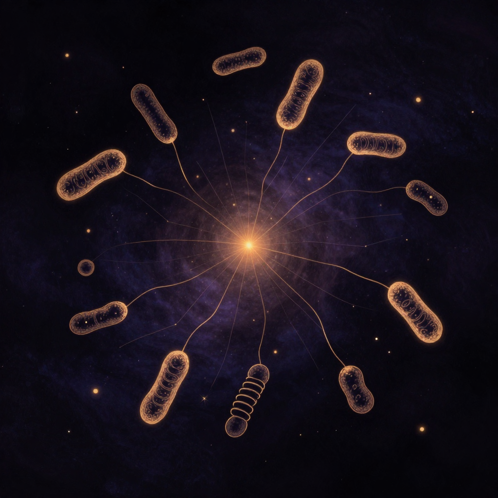 肠道菌群：无数形态各异的微生物悬浮于深邃背景中，杆菌与螺旋菌以微妙距离相互牵引，球菌如星子散布其间，构成一个自组织的微型宇宙，菌体