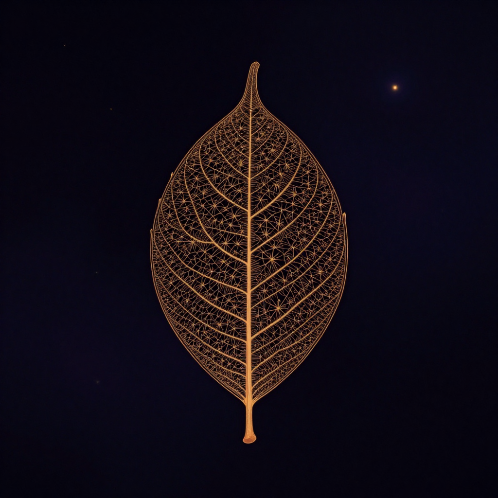 宇宙智慧：一片悬浮在空中的树叶，叶脉呈现严格自相似的分形几何图案，主脉两侧延伸出无限重复的次级脉络，叶片边缘隐入大片空处