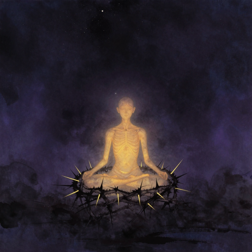 苦行：一位极度消瘦的修行者以冥想姿态盘坐于尖锐荆棘丛中，肋骨轮廓清晰可见，身下荆棘根根分明刺入皮肤，四周大片空旷，修行者面部平