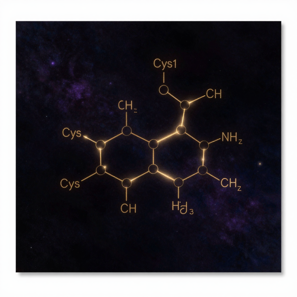 催产素：一个精确的催产素九肽分子结构图悬浮于近黑背景中，Cys1与Cys6之间的二硫键形成环状结构，九个氨基酸按Cys-Tyr-