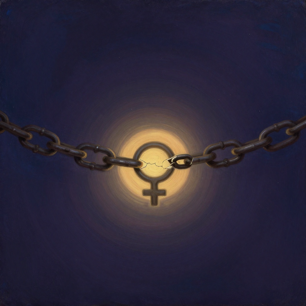 女性主义：一条沉重的金属锁链横向悬于画面中央，链环粗粝可见锻造痕迹，正中断裂处呈现清晰的♀符号轮廓，断裂面反射出细微光亮，四周归于