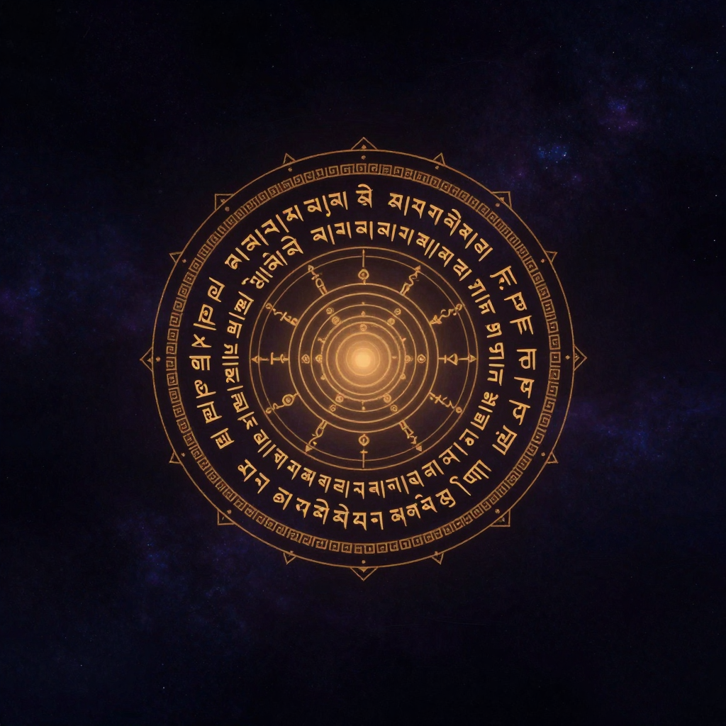 持咒：一串工整的藏文六字真言呈顺时针圆环排列，字符轮廓清晰如刻，静悬于大片空处中央，莲座法轮结构隐现于真言下方，环内透出一处微
