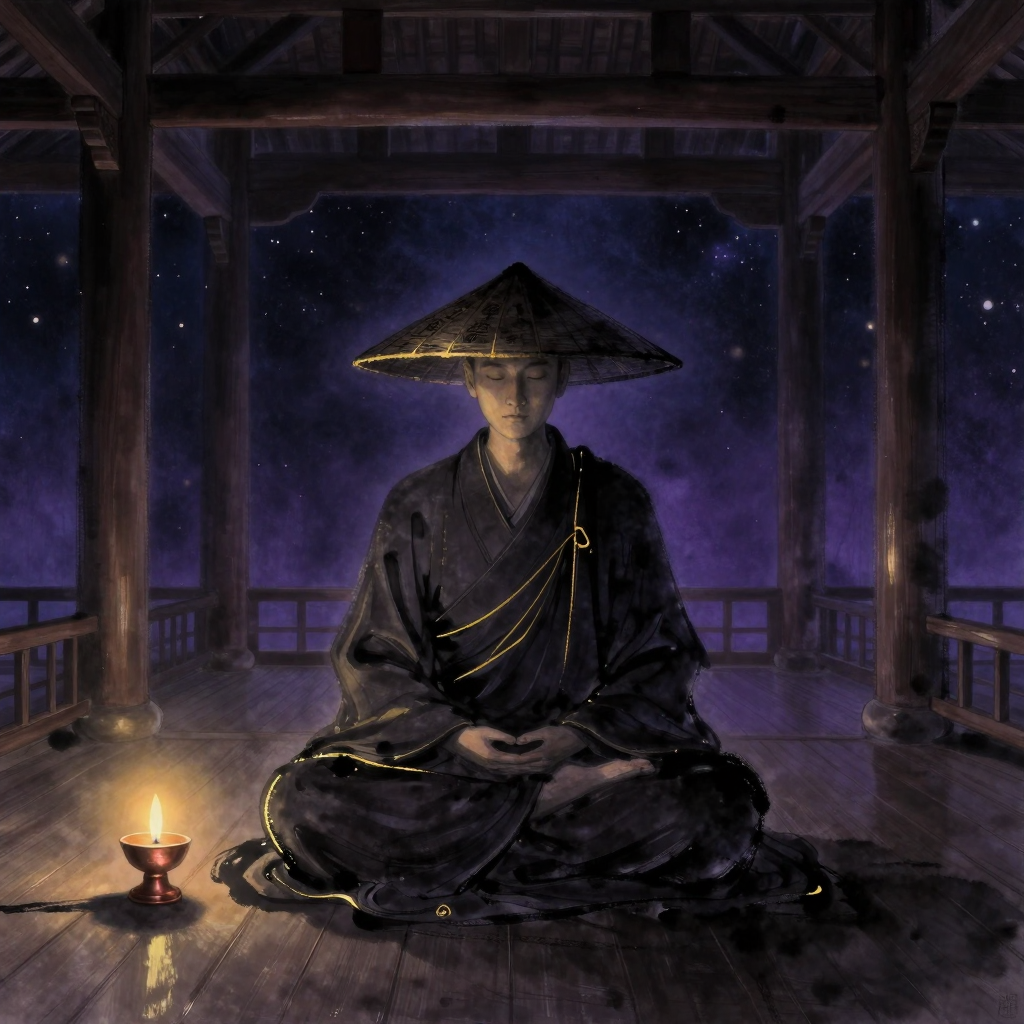 道元：一位禅僧以端正跏趺坐姿静坐于简朴禅堂中央，双手结定印，身形稳固如山，面容隐在微垂的斗笠阴影中，袈裟褶皱自然垂落。背景是空
