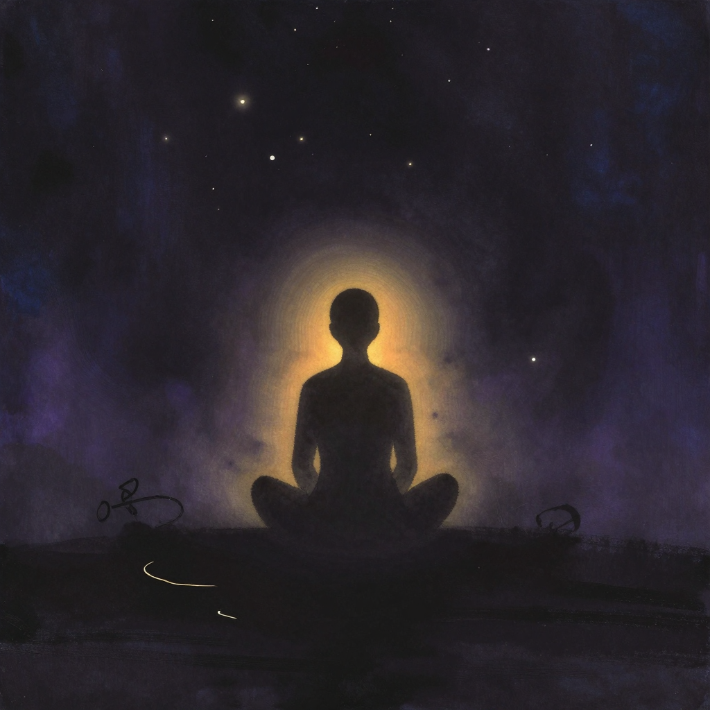 内观：一个背影端正盘坐的人物剪影，脊柱自然挺直，双手轻放膝上，面部低垂沉静，四周归于空旷的留白，唯一微光来自人物轮廓内敛的温暖