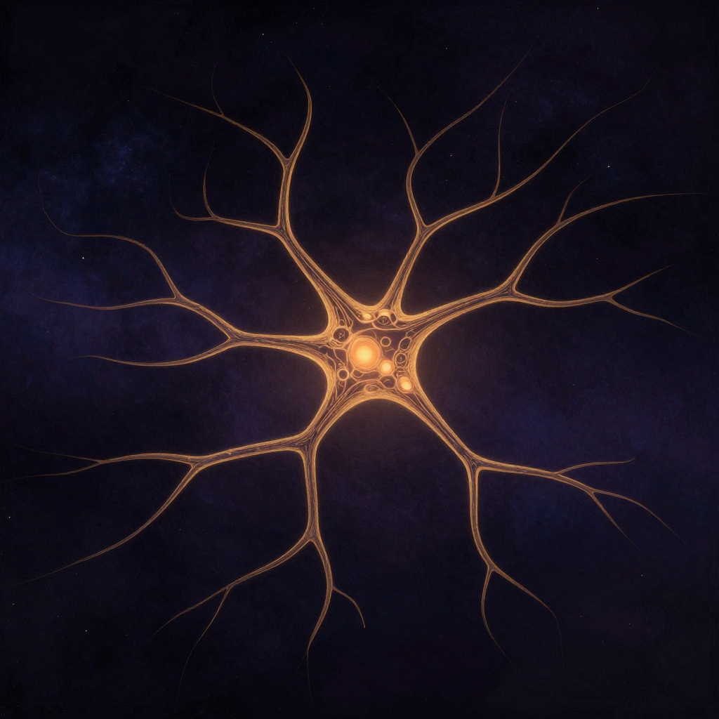 神经科学：一簇精细的神经元突触结构悬浮于空处，树突与轴突交织成网，末端动态延伸的突触间隙清晰可见，画面中央一处突触间隙微微透出暖意