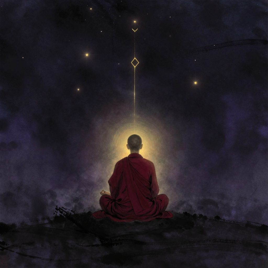 瑜伽：一个着藏红色修行服的背影盘坐在空旷处，双手结智慧印，脊柱挺直如贯串天地的轴，面部轮廓宁静，四周归于大片留白，修行者成为画