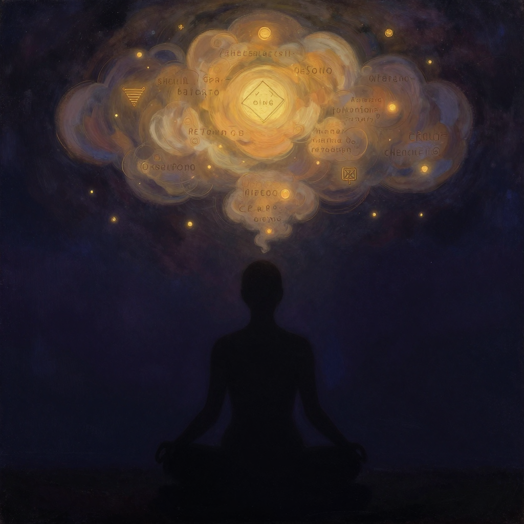 正念认知疗法：一个端正静坐的人影处于画面下半部，上半部空间漂浮着若干缕云状思绪，部分云团中隐约可见负面词汇的轮廓，人影双掌轻搭膝上，呈
