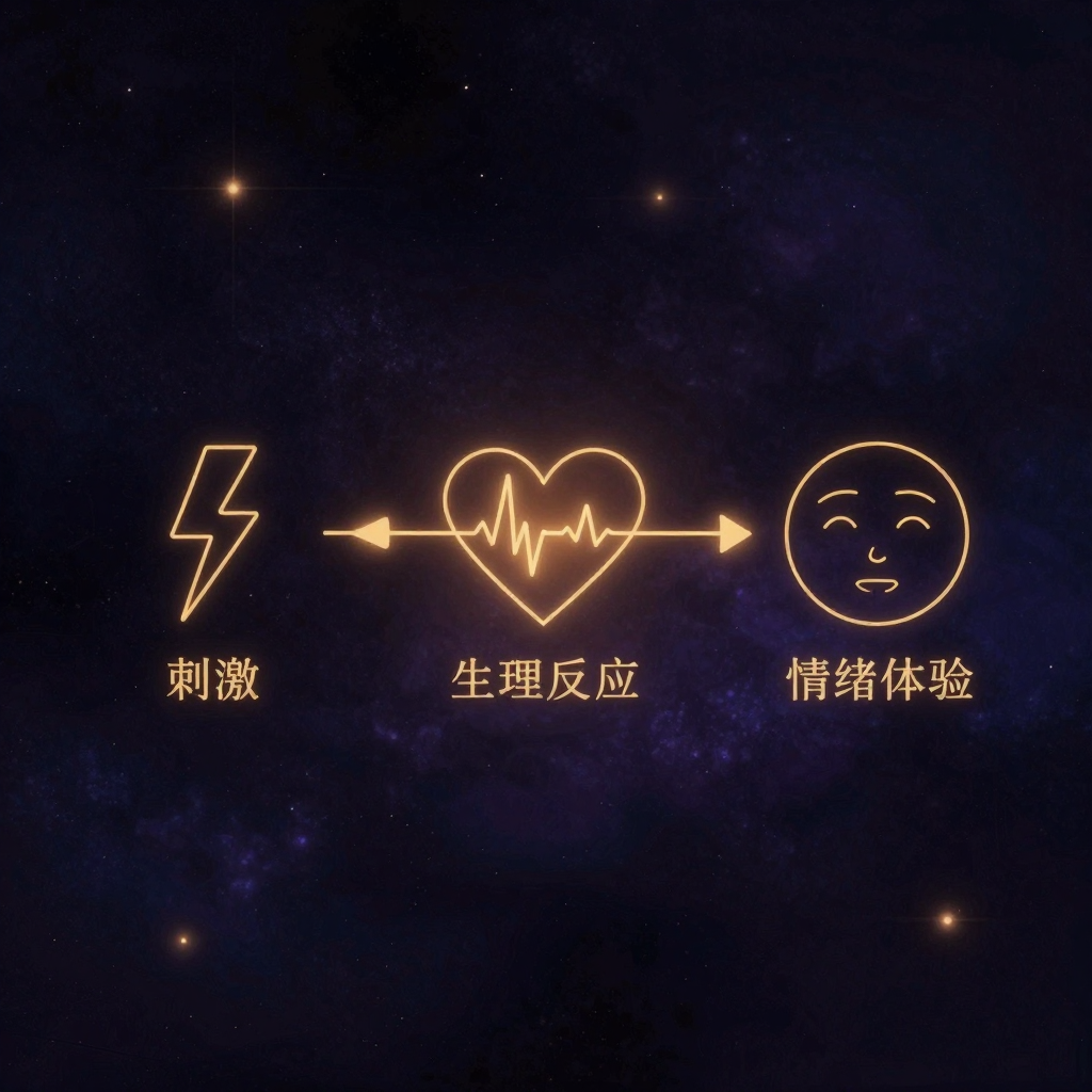 詹姆斯-兰格理论：一张简明的流程图横置于空处，按照严格的顺序展示着三部分：左侧为'刺激'（用简笔画的闪电表示）；中间为'生理反应'（用心跳