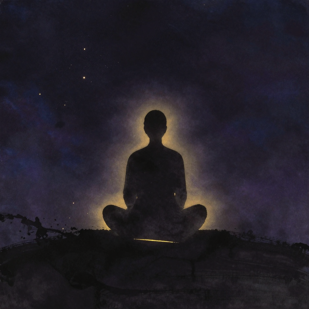 呼吸：一个盘坐的人影背影，腰腹部的衣物随呼吸自然起伏，吸气时微微隆起，呼气时轻柔回落，四周归于大片空处，起伏处透出极细微的暖意