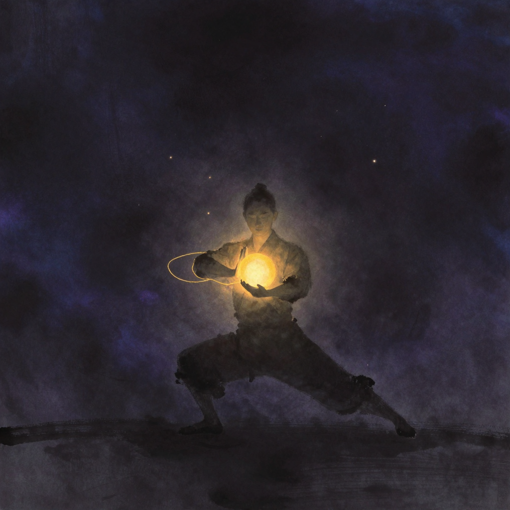 太极拳：一个习武者正在缓慢做出云手势，双臂划出流畅的圆弧轨迹，手掌虚抱如托球，身体松沉中正，动作连贯如行云流水，四周大片留白