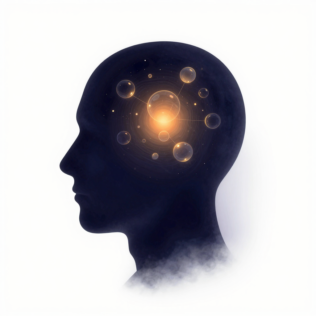 内在对话：一个半透明的头部轮廓悬浮于空处，内部散布着数个不同形状与大小的气泡，彼此间有纤细的连线隐约相连，颅腔中央一处微光映照着气