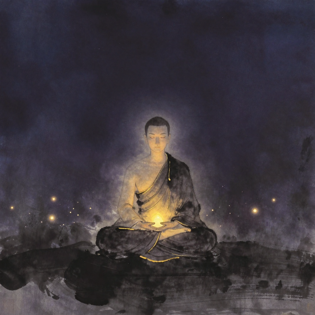 禅定：一位修行者以标准双盘莲花坐姿端坐于地，脊柱自然挺直，双手结禅定印叠放腹前，面部宁静低垂，身影孤立于大片虚空之中，衣褶间隐