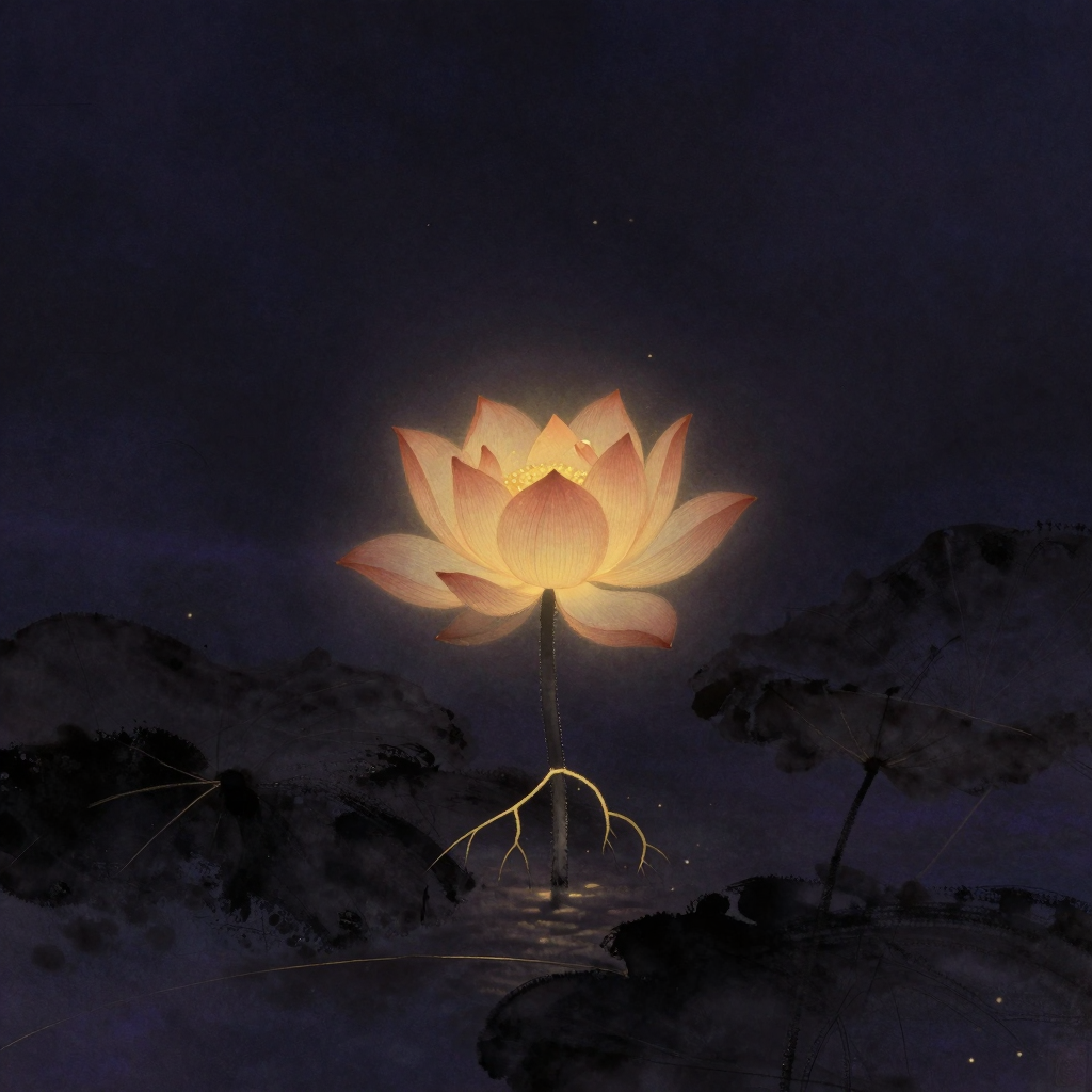 灵性维度：一朵舒展的莲花从浑浊泥水中挺立而出，花瓣层叠开展，根部清晰可见没入泥浆，花茎与水面的交界处透出一处极柔和的暖意，四周大片
