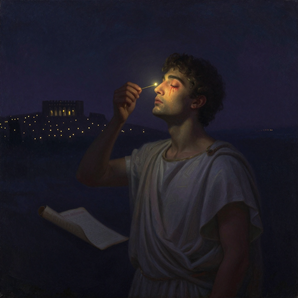 俄狄浦斯情结：一个古希腊装束的男子手持金别针刺向自己流血的双眼，背景隐约有底比斯城的轮廓与展开的神谕卷轴，四周归于空旷，画面唯一的微光